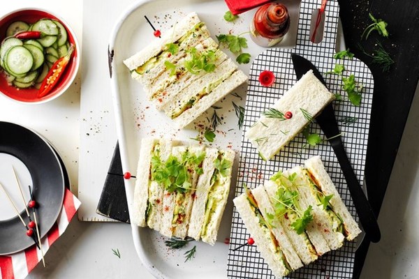 Deviled 'egg' and pickled cucumber tea sandwiches