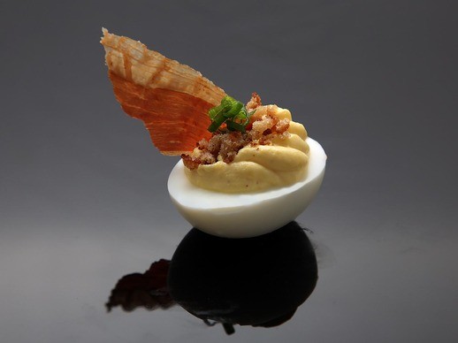 Deviled eggs Benedict (Ham and brown butter english muffin crumbs)