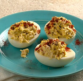 Deviled eggs with crabmeat and cayenne