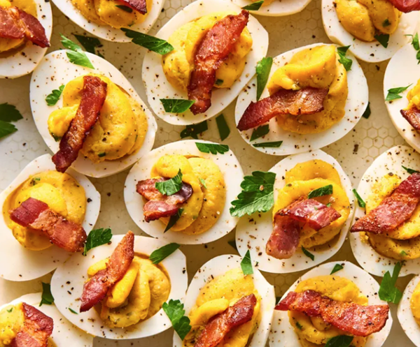 Deviled eggs with crackly bacon
