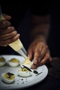 Deviled eggs with creamy tahini and za’atar
