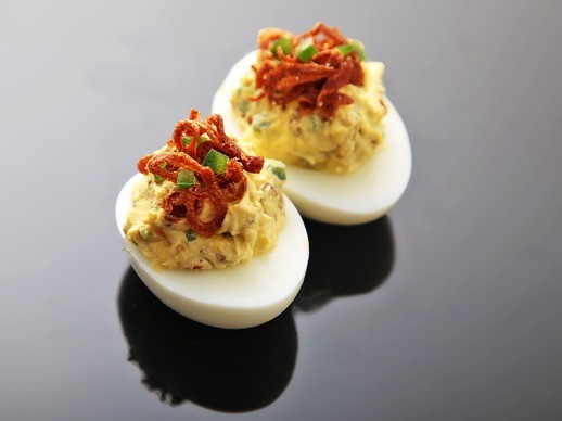 Deviled eggs with crispy shallots and chilies