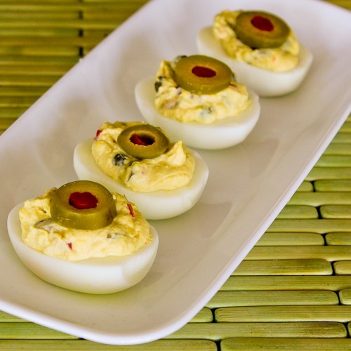 Deviled eggs with green olives, capers, and Dijon