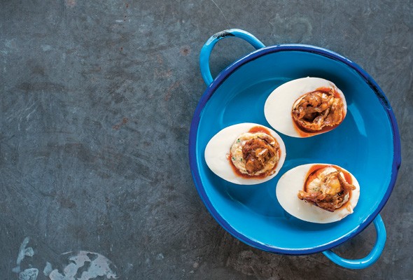 Deviled eggs with roast chicken skin