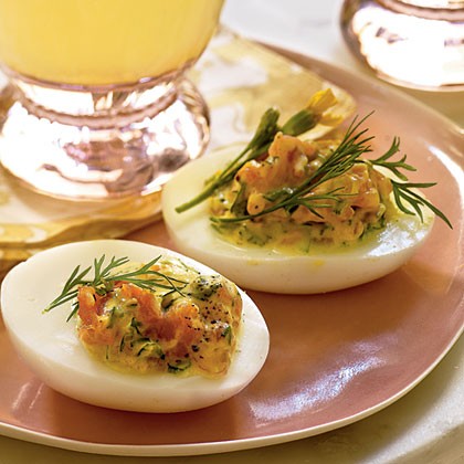 Deviled eggs with smoked salmon and herbs