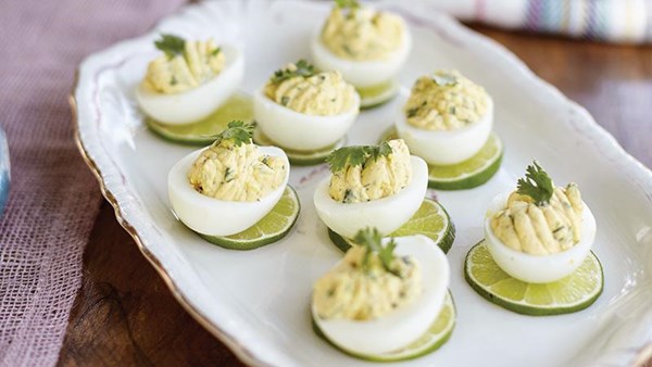 Deviled farm eggs with cumin, yogurt, lime and cilantro