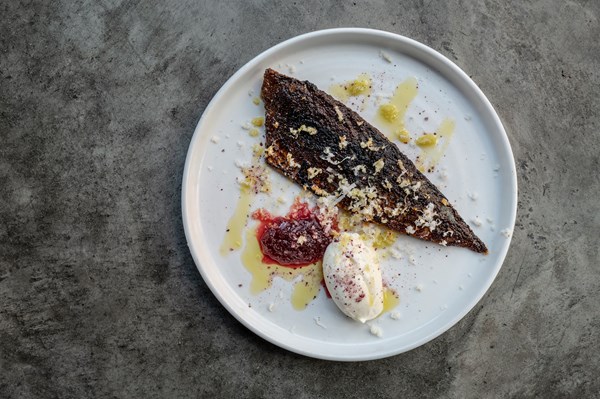 Devilled mackerel with beetroot relish and crème fraîche