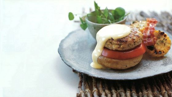 Devilled scallop burger with portobello mushrooms, mustard Hollandaise and thyme-grilled corn