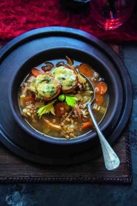 Devilled turkey broth with Stilton toasts
