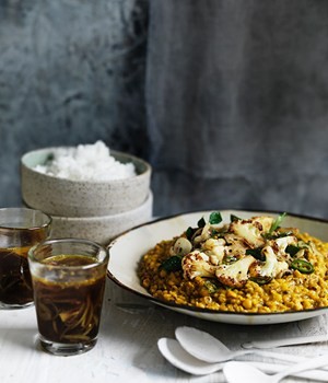 Dhal with crisp cauliflower and rasam