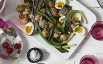 Diana Henry's summer Saturday lunch: salmon with baby leeks, boiled eggs and caper dressing