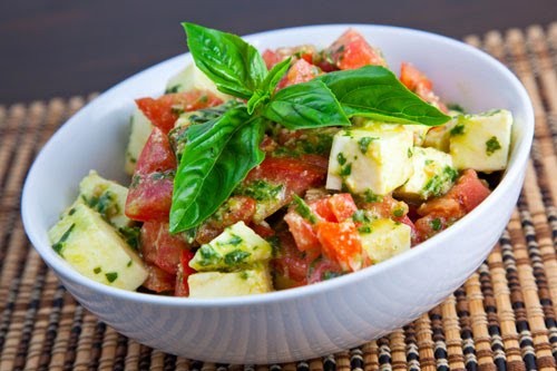 Diced Caprese salad with a pesto dressing