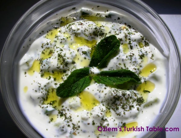 Diced cucumbers, yoghurt and dried mint dip (Cacik)