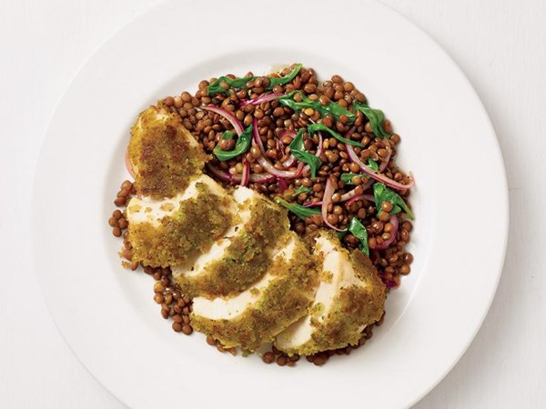 Dijon chicken with warm lentils