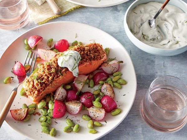 Dijon-herb crusted salmon with creamy dill sauce