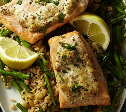 Dijon salmon with green bean pilaf