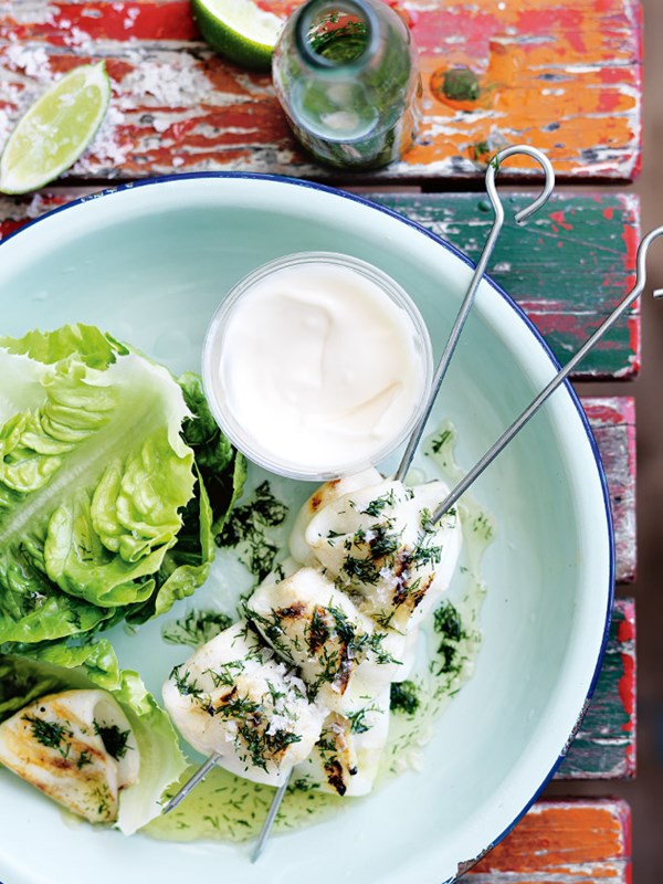 Dill and squid skewers