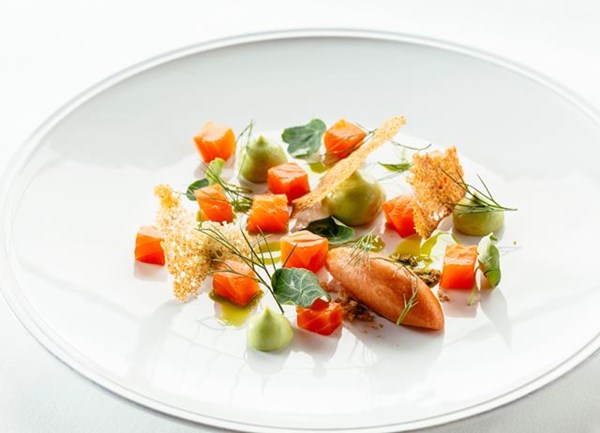 Dill and vodka cured fjord trout with Bloody Mary sorbet and avocado