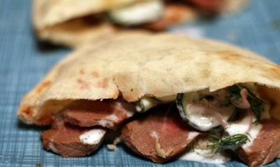 Dill rubbed steak & cucumber pita sandwiches