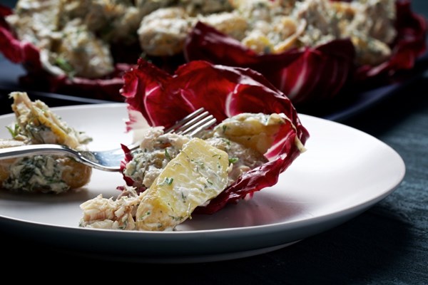 Dilled potato salad with smoked trout