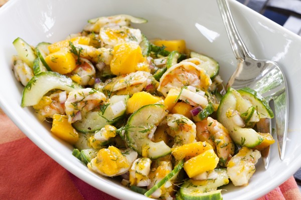Dilled shrimp, mango and cucumber salad 
