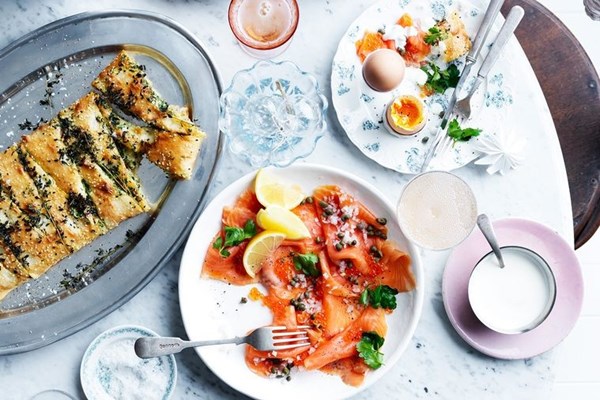 Dippy eggs with garlic Turkish bread and salmon