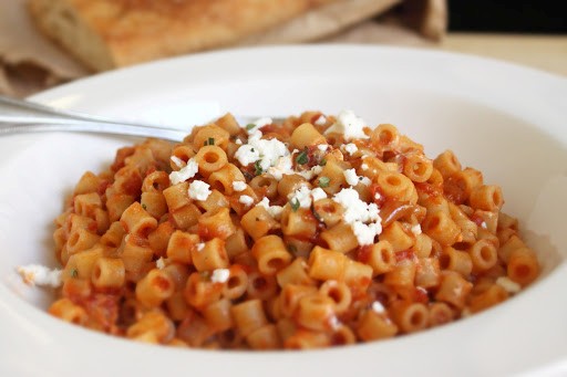 Ditalini with roasted tomato sauce, oregano, and goat cheese