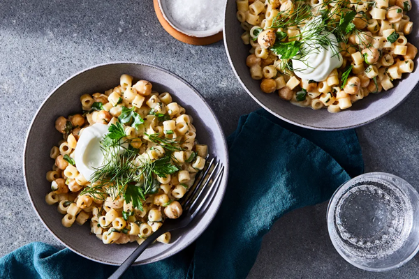 Ditalini with tender herbs, chickpeas & yogurt