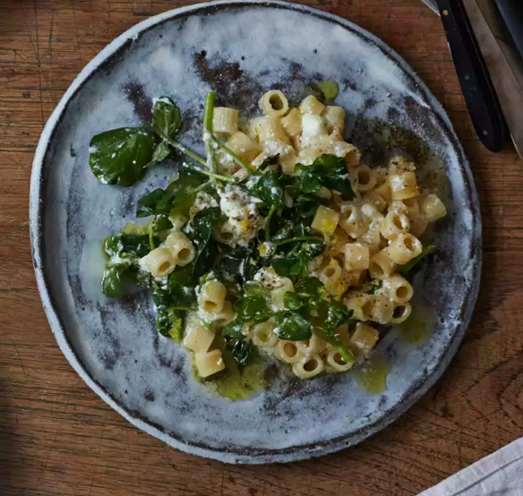 Dittalini, wilted watercress, cow’s curd and lemon zest