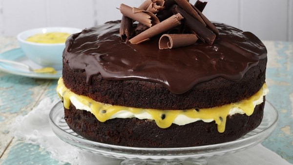Divine chocolate and passion fruit curd cake