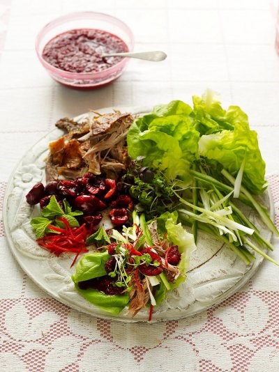 DIY crispy duck lettuce cups with cherries and mint