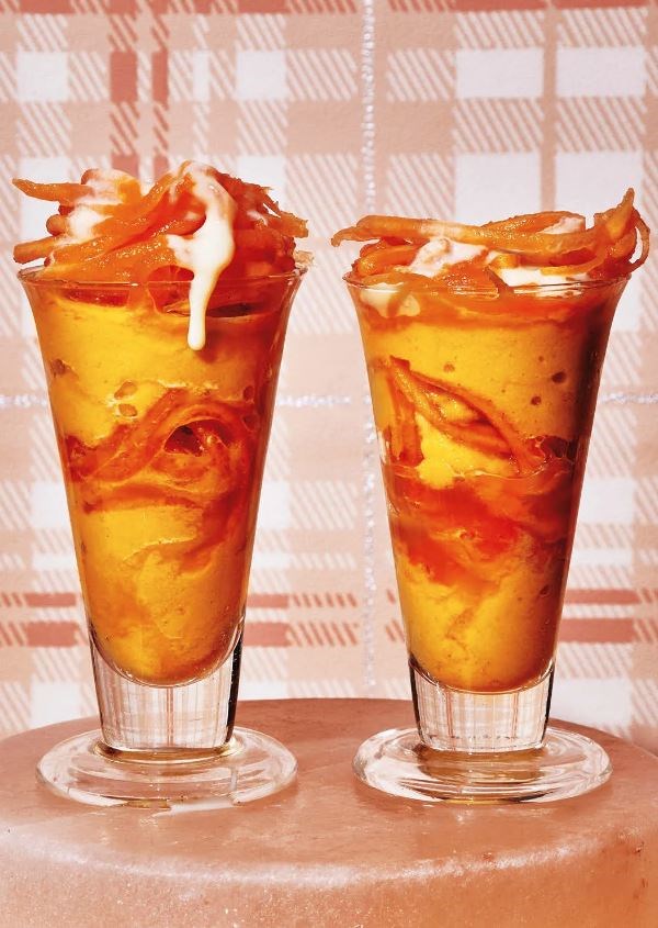 Dolly's cantaloupe refresher (Cantaloupe slush with cantaloupe spaghetti, crushed mint, and condensed milk)