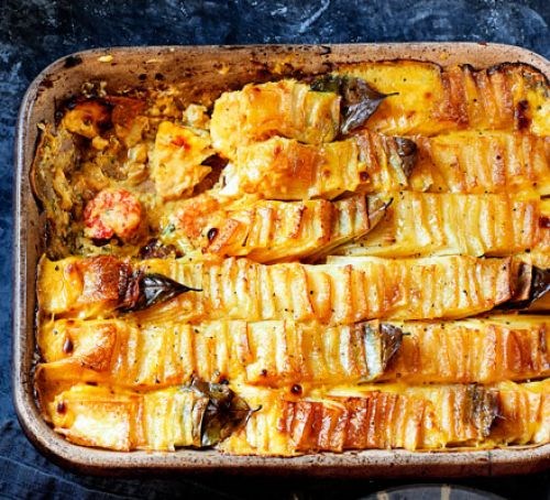 Domino potato, cod, prawn & chorizo pie 
