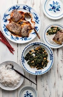 Dongbai roast cod with stir-fried spinach & peanuts