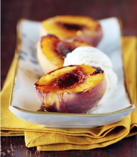 Don's apple-smoked peaches with vanilla ice cream