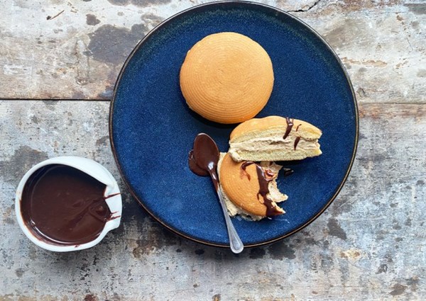 Dorayaki with coffee cream and tahini chocolate sauce