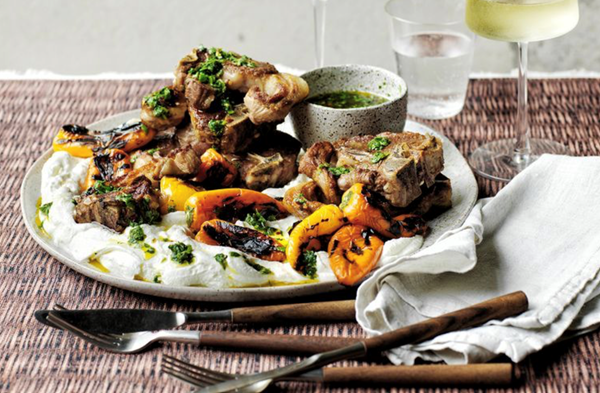 Dorper lamb chops with peppers and labneh