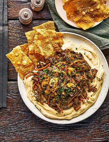 Doubanjiang mushrooms with hummus and crispy wonton wrappers