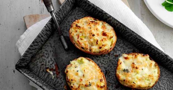 Double baked jackets with creamy leeks and Roquefort