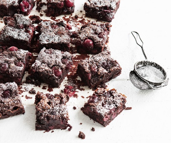 Double choc brownies with salted butterscotch and cherries
