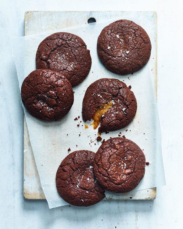 Double choc cookies with gooey caramel centre 