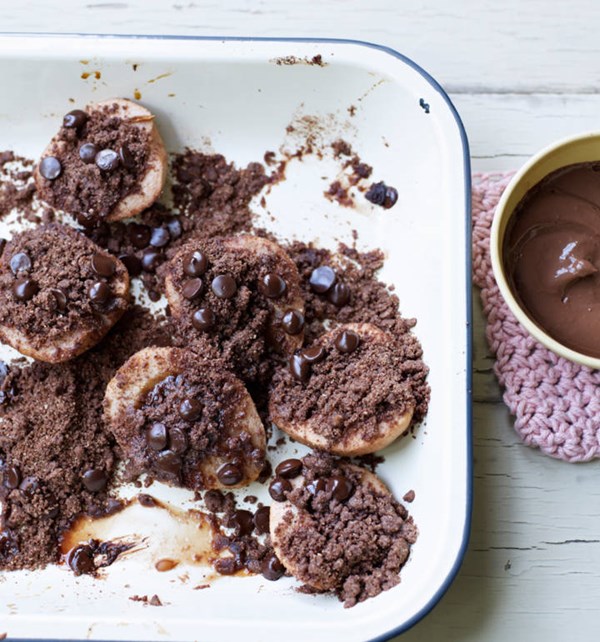 Double-choc crumble pears with chocolate custard