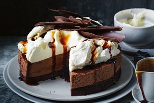 Double choc mousse cake with whipped vanilla mascarpone and coffee syrup