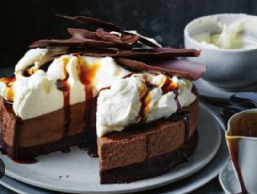 Double choc mousse cake with vanilla mascarpone and coffee syrup