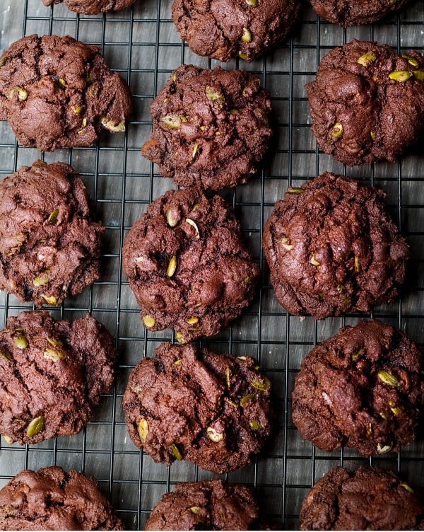 Double chocolate and pumpkin seed cookies