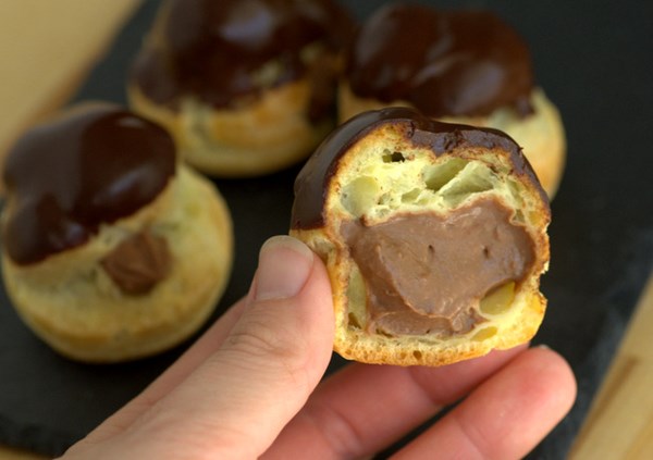 Double chocolate cream puffs with chocolate pastry cream