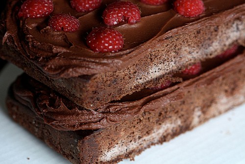 Double chocolate devil's food cake with fresh raspberries