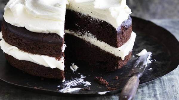 Double chocolate olive oil cake with white mascarpone buttercream