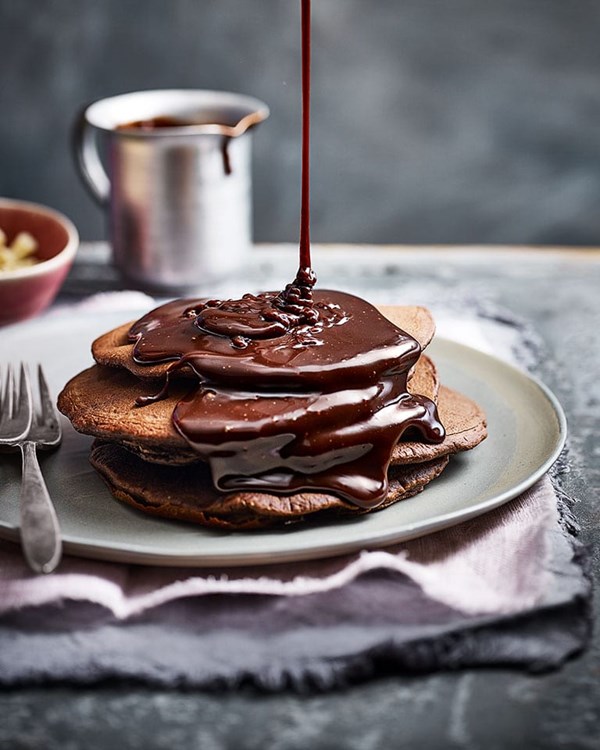 Double-chocolate pancake stack