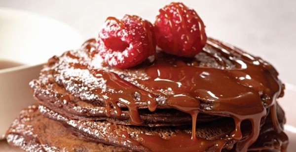 Double chocolate pancakes with salted caramel sauce